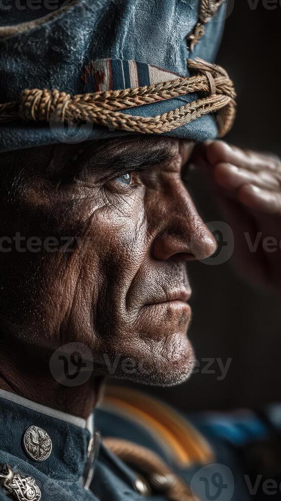Veteran saluting with deep expression showcasing years of service and wisdom in the early morning light photo