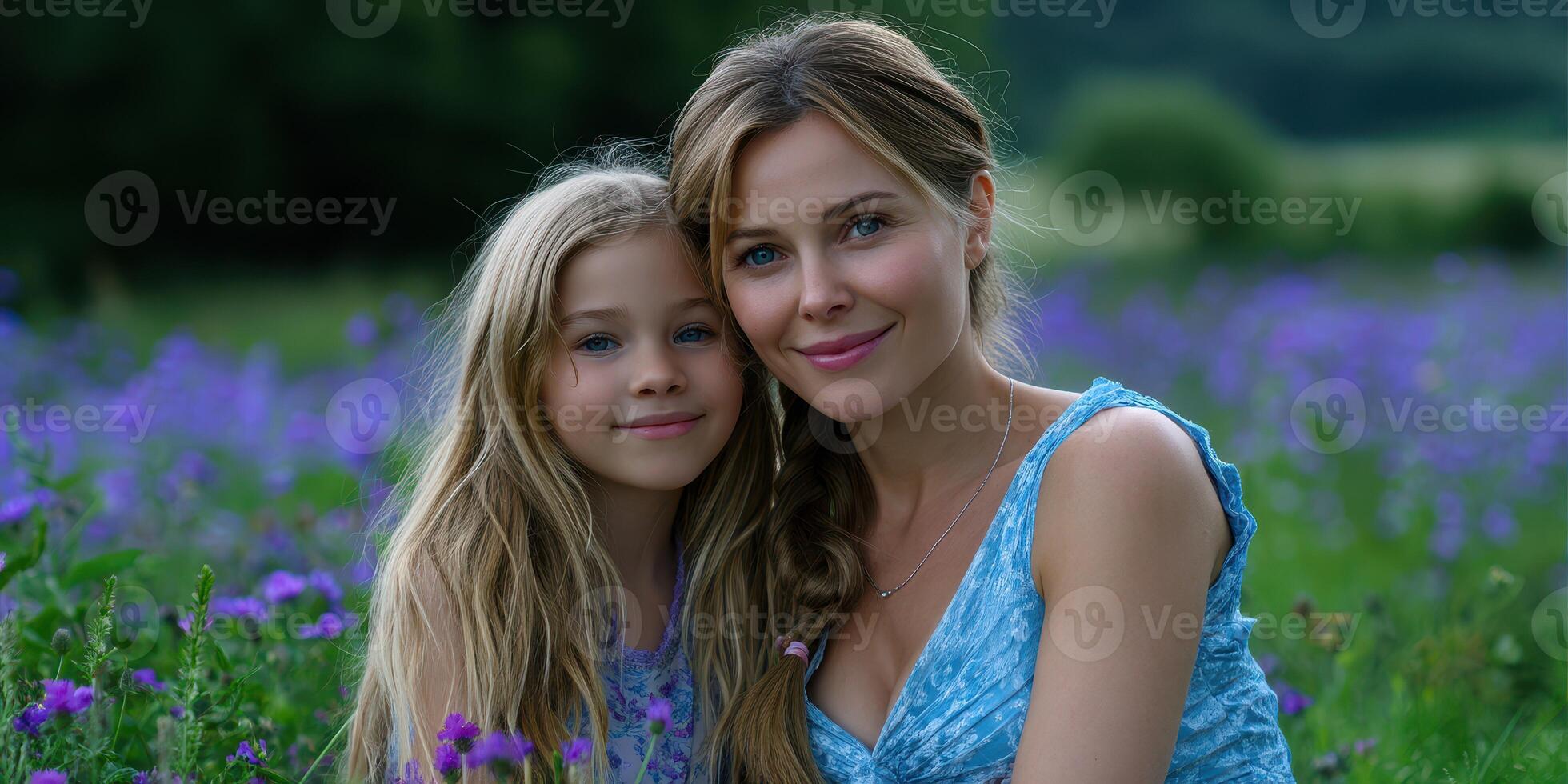 Portrait of a mother and daughter enjoying a sunny afternoon in a blooming flower field photo