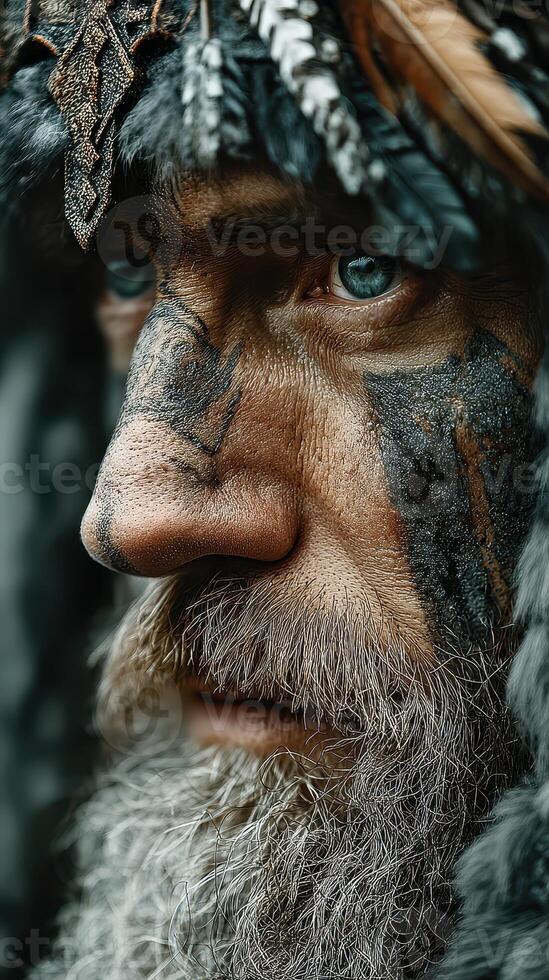 Portrait of a warrior with intricate face paint and fur headgear in a dramatic close-up during a traditional festival photo