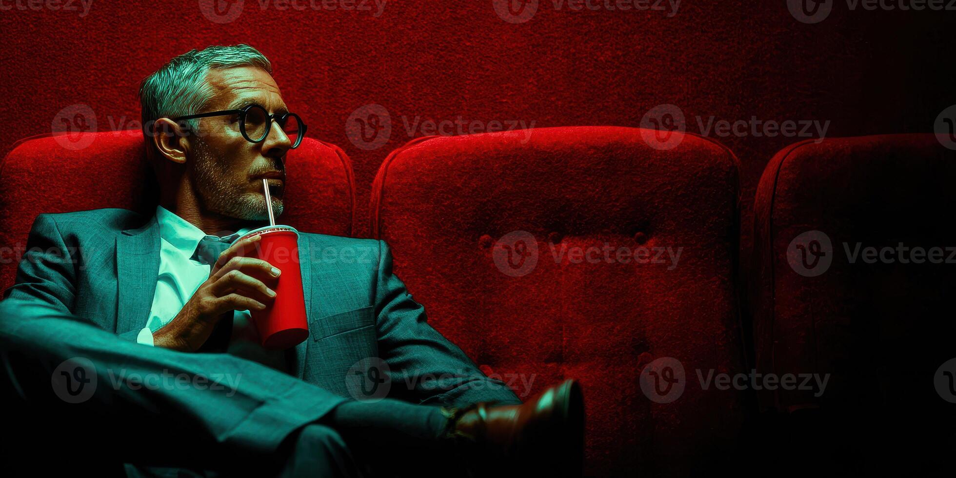 Man enjoying a drink in a stylish red seating area during an evening outing in a modern urban environment photo