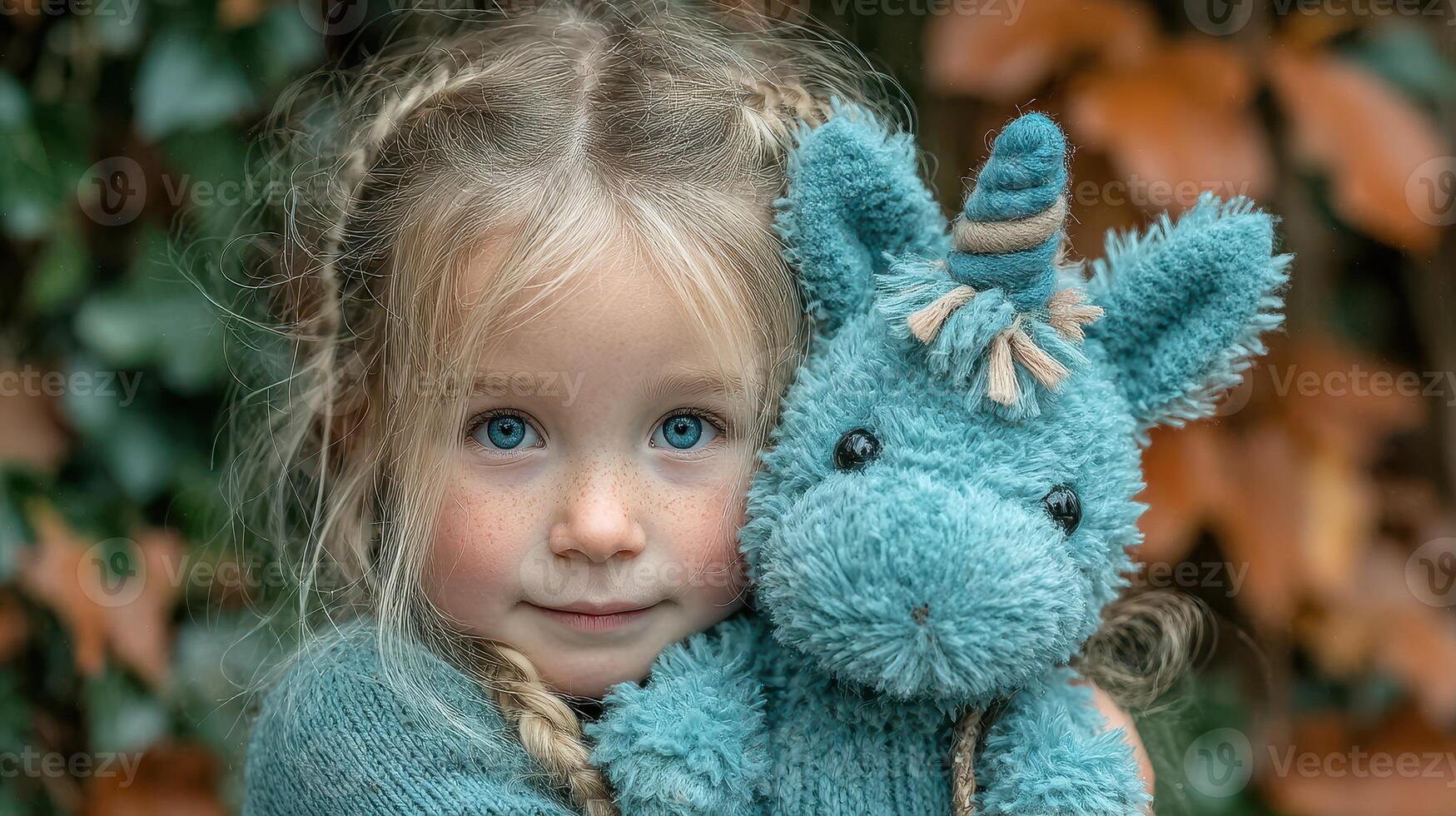 Young girl with blue eyes holds a blue unicorn stuffed toy in a cozy autumn setting photo
