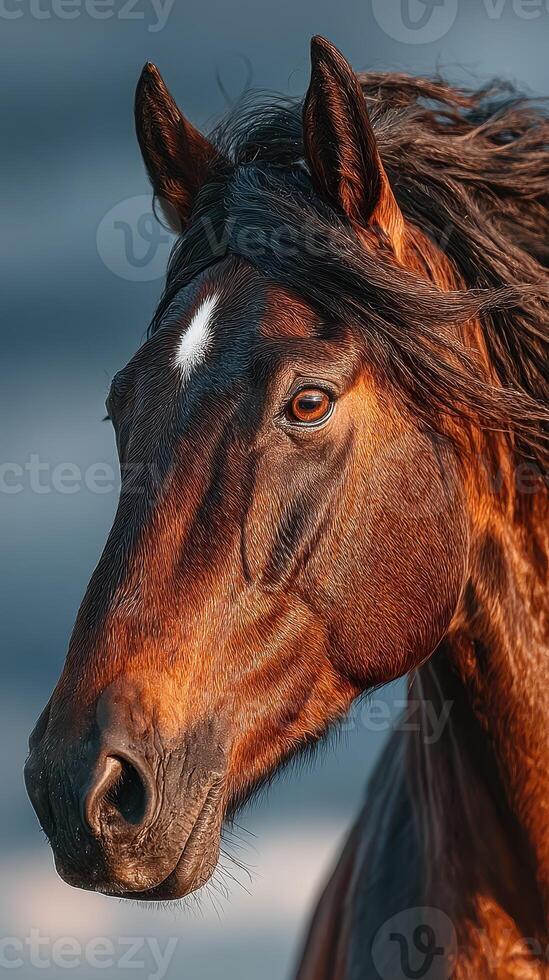 Majestic brown horse with flowing mane stands proudly against a blurred backdrop of nature photo