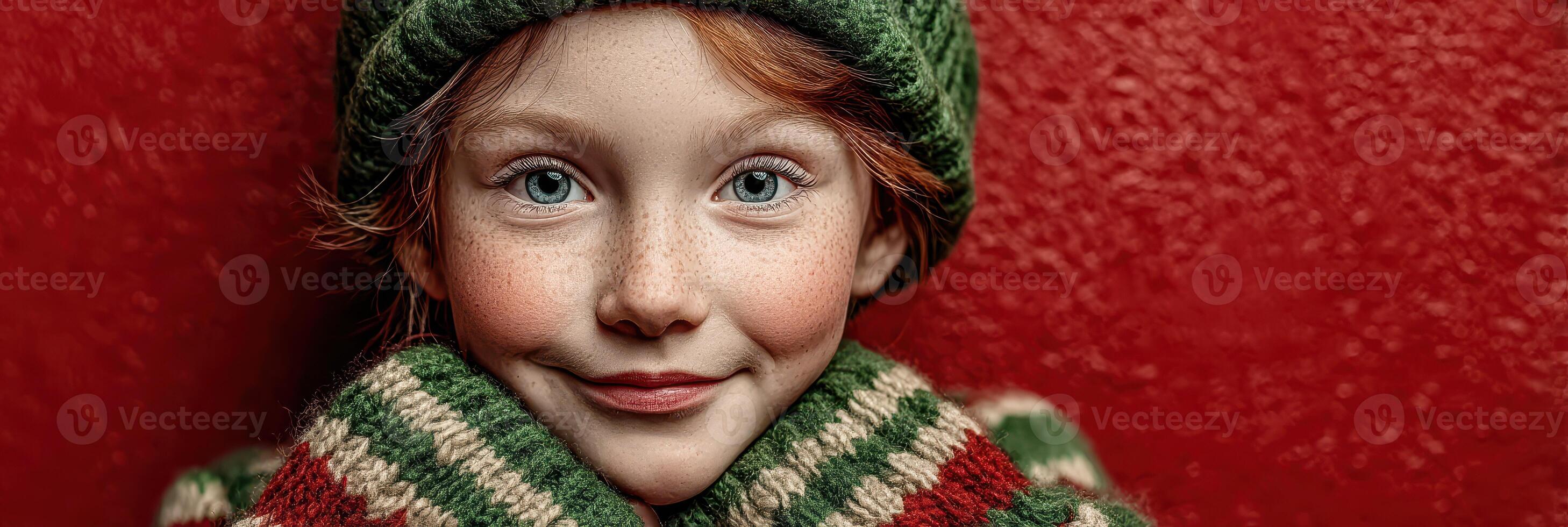 Young child smiling warmly in a cozy sweater against a vibrant red background photo