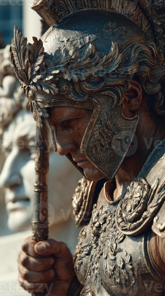 Historic warrior statue captured in detail, showcasing craftsmanship with intricate textures and expressions in a vibrant outdoor setting photo