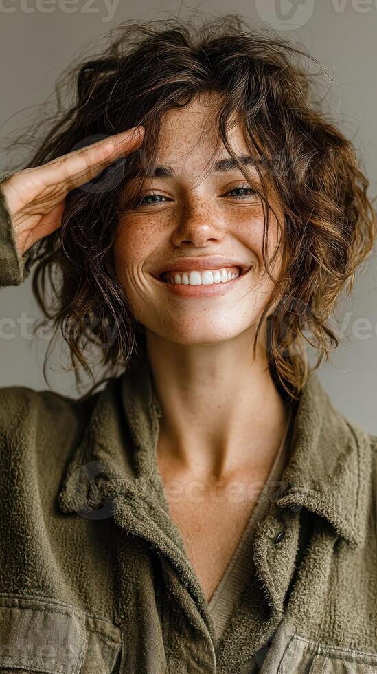 Cheerful young woman with curly hair smiling and saluting in a cozy indoor setting during the day photo