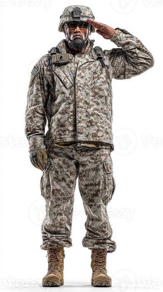 Soldier in camouflage uniform saluting in a respectful pose indoors during a formal ceremony or event photo