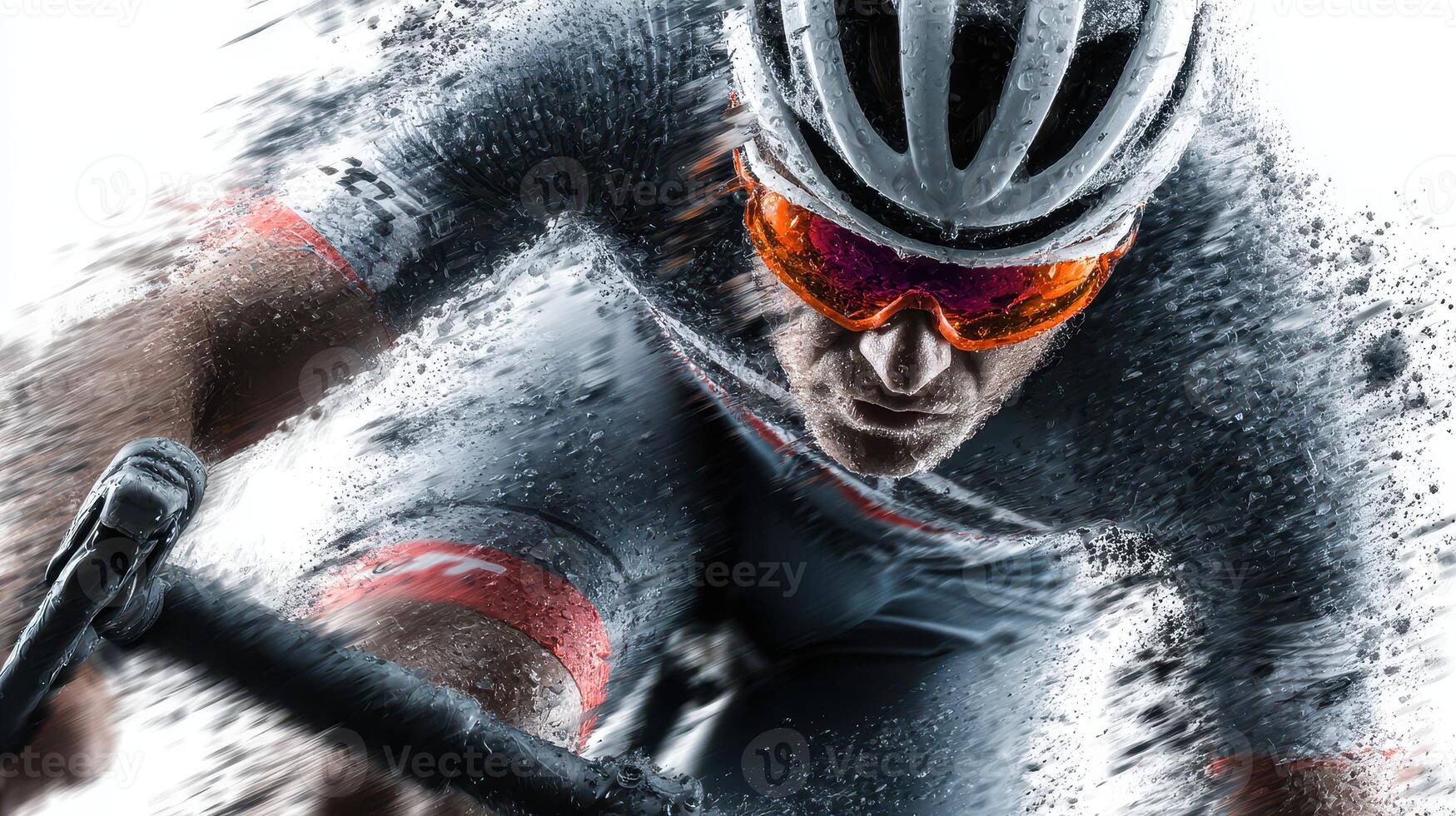 Cyclist racing through a dynamic environment with intense focus and speed during a competition photo