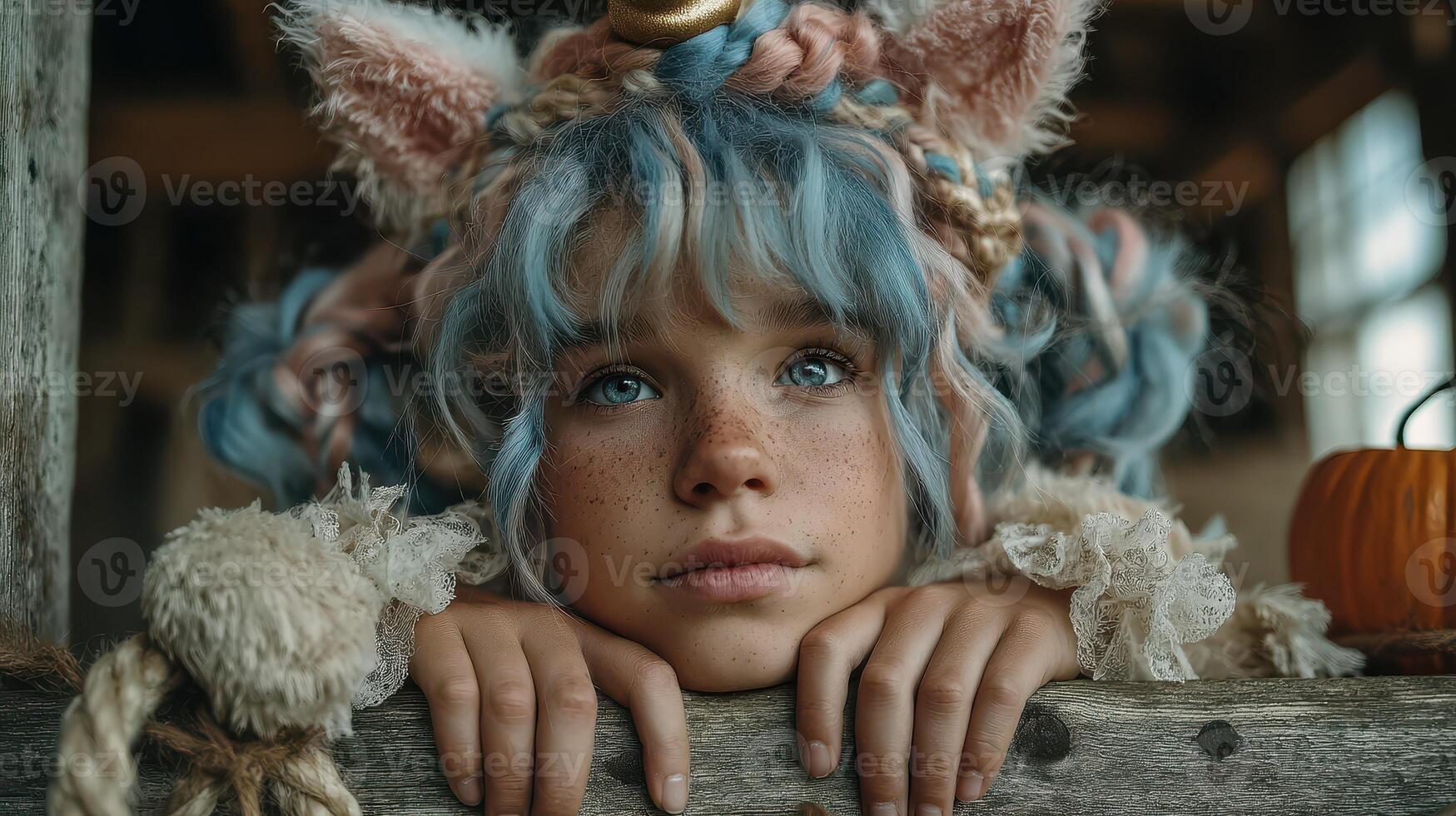 Young girl with blue hair and animal ears resting on a wooden railing in a rustic setting during autumn photo
