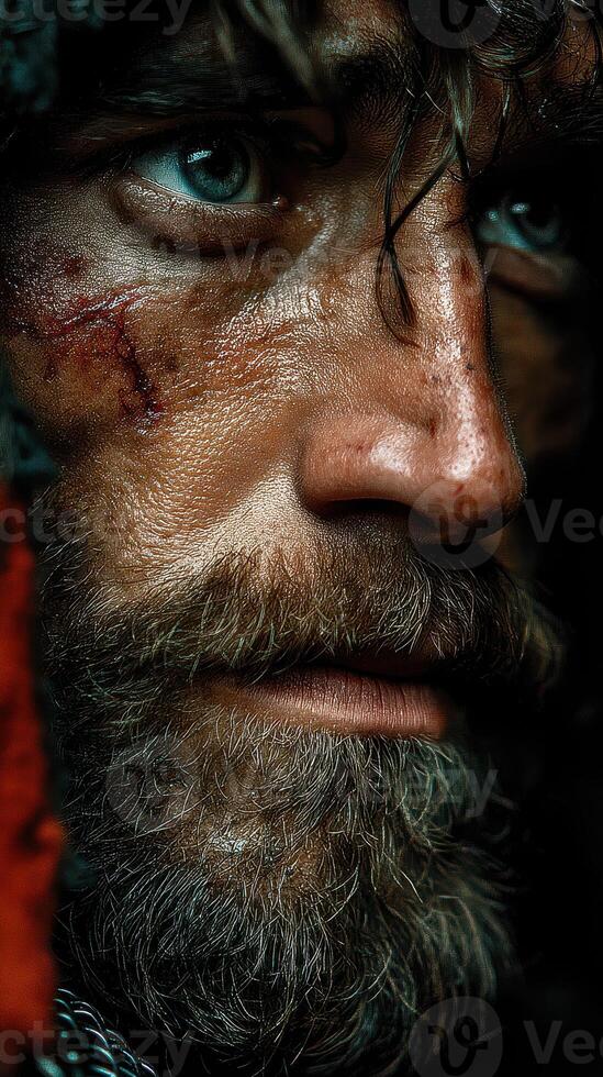 Intense portrait of a rugged man with scars showcasing resilience and character in a dramatic setting photo
