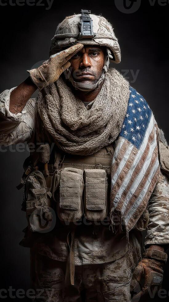 Soldier saluting with pride while wearing an American flag scarf in a solemn setting with dramatic lighting photo