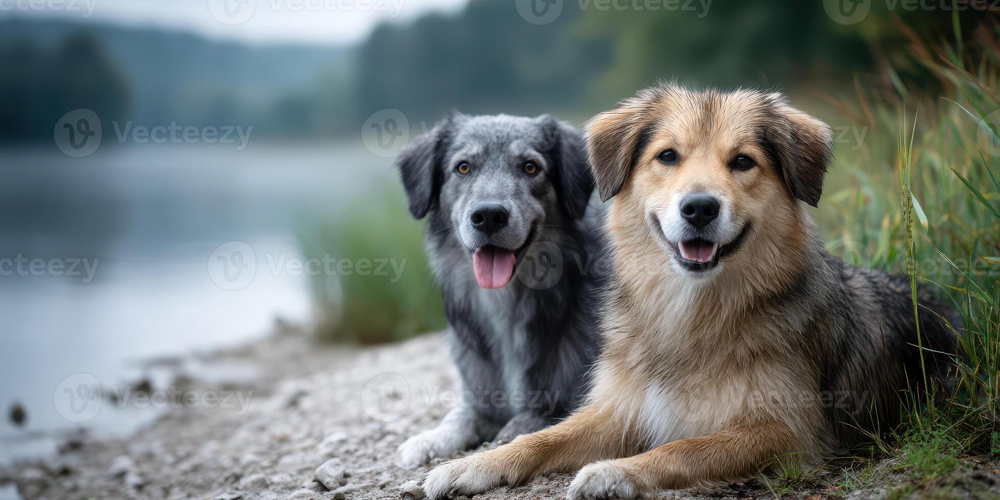 Friendly dogs relax by the waterfront during a calm morning in a serene natural setting photo