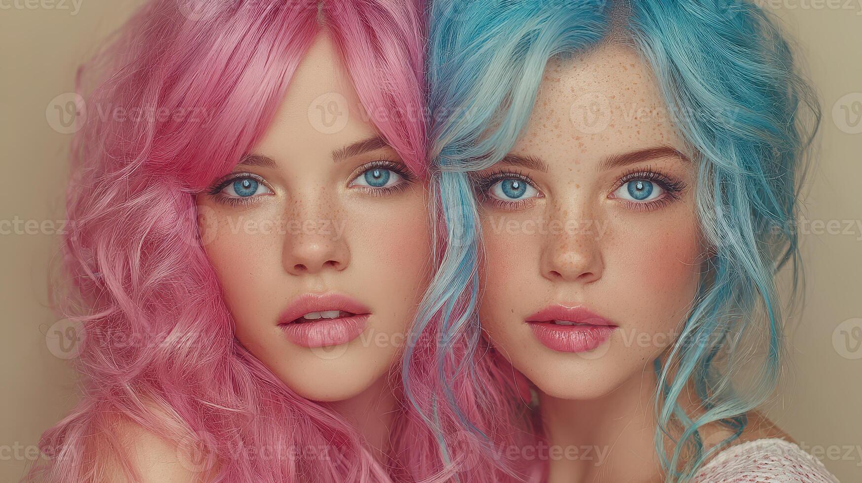 Two young women with vibrant pink and blue hair pose together with striking blue eyes and playful expressions in a studio setting photo