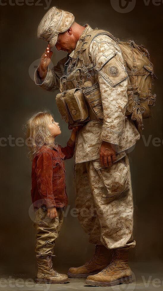 Soldier bids farewell to child before deployment in emotional moment captured at sunset photo