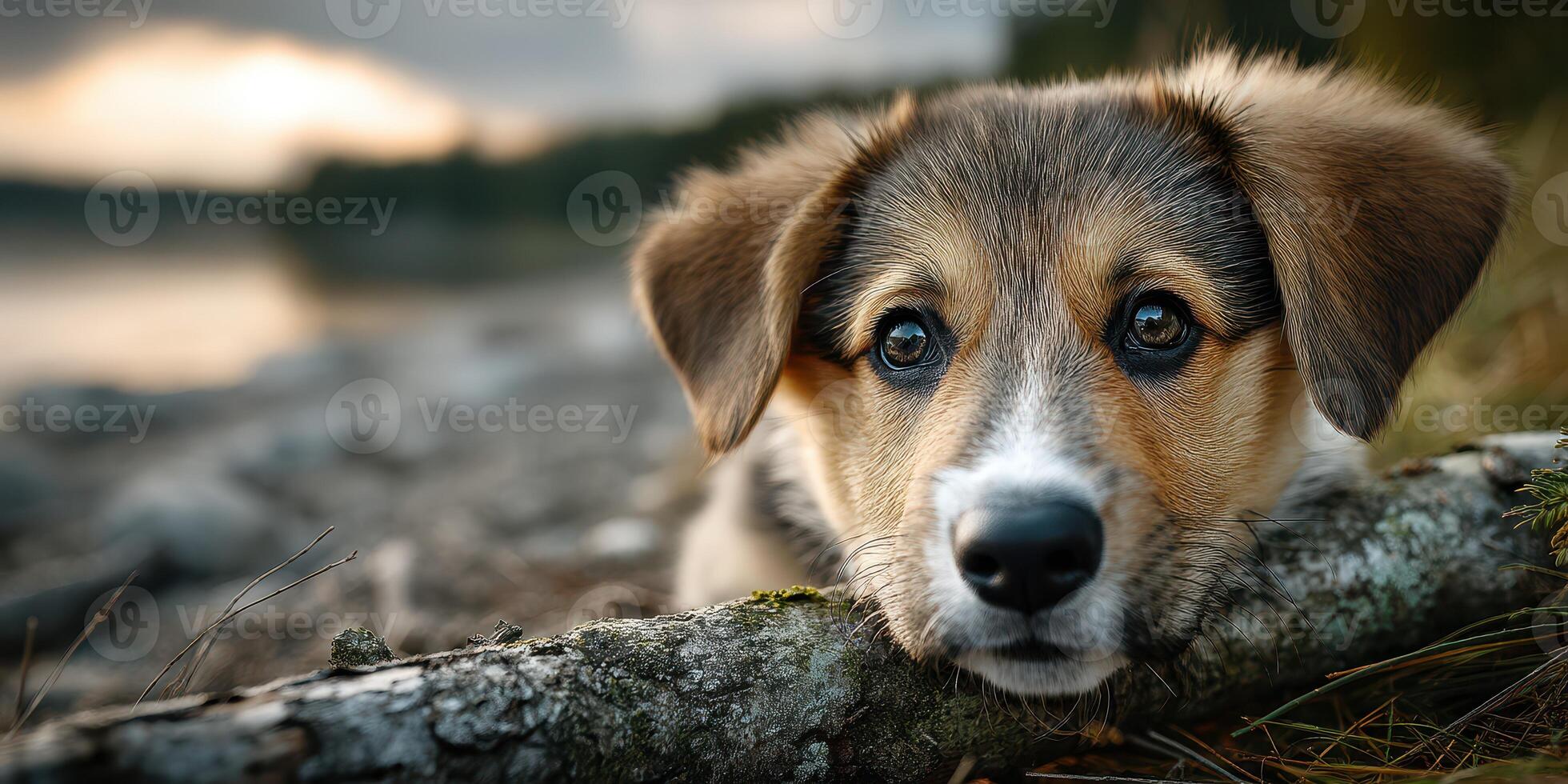 Young dog resting by the shore during sunset near a lake surrounded by trees and rocky terrain photo