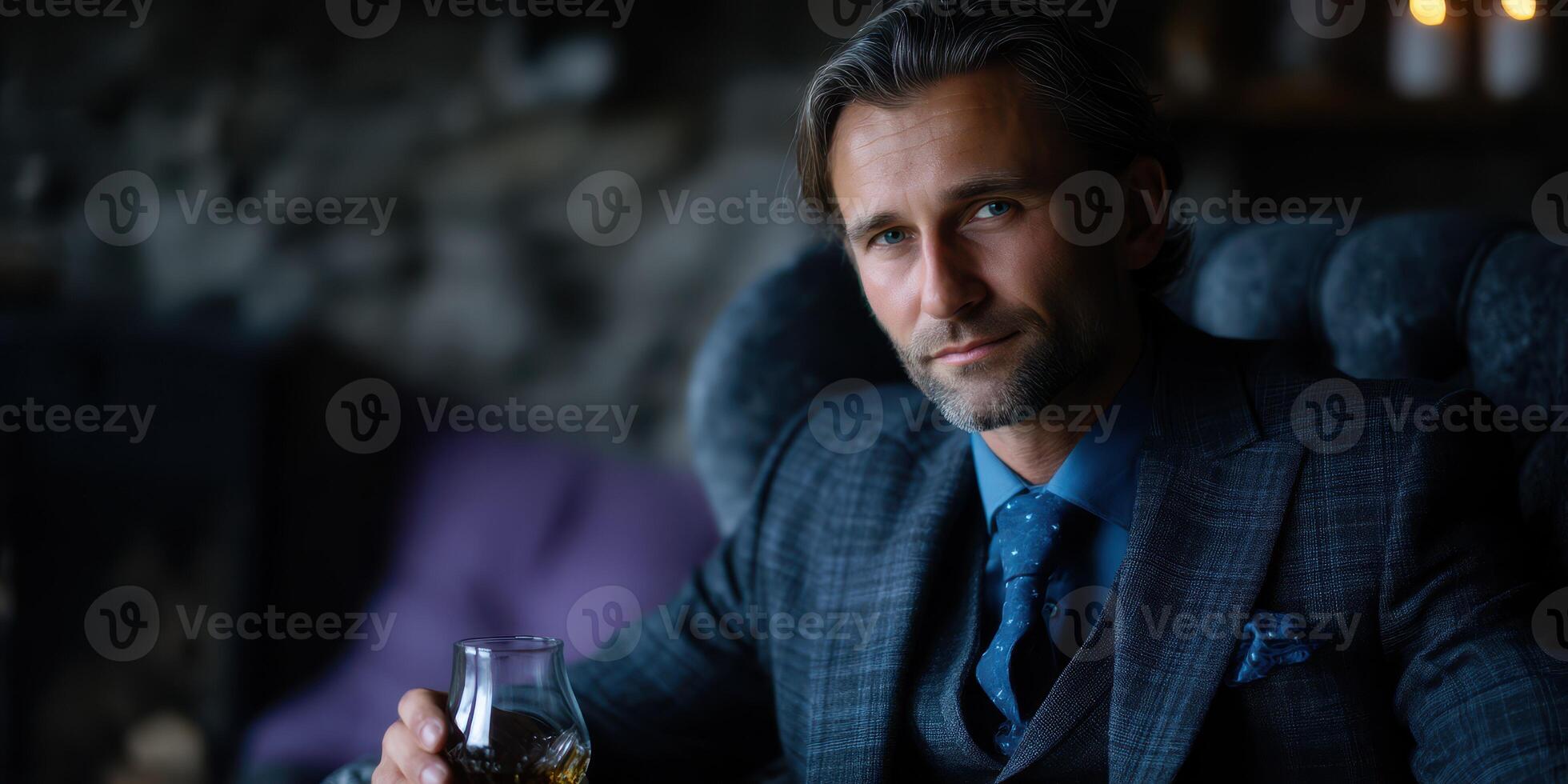 Elegant man enjoying a drink in a cozy lounge setting during evening hours photo
