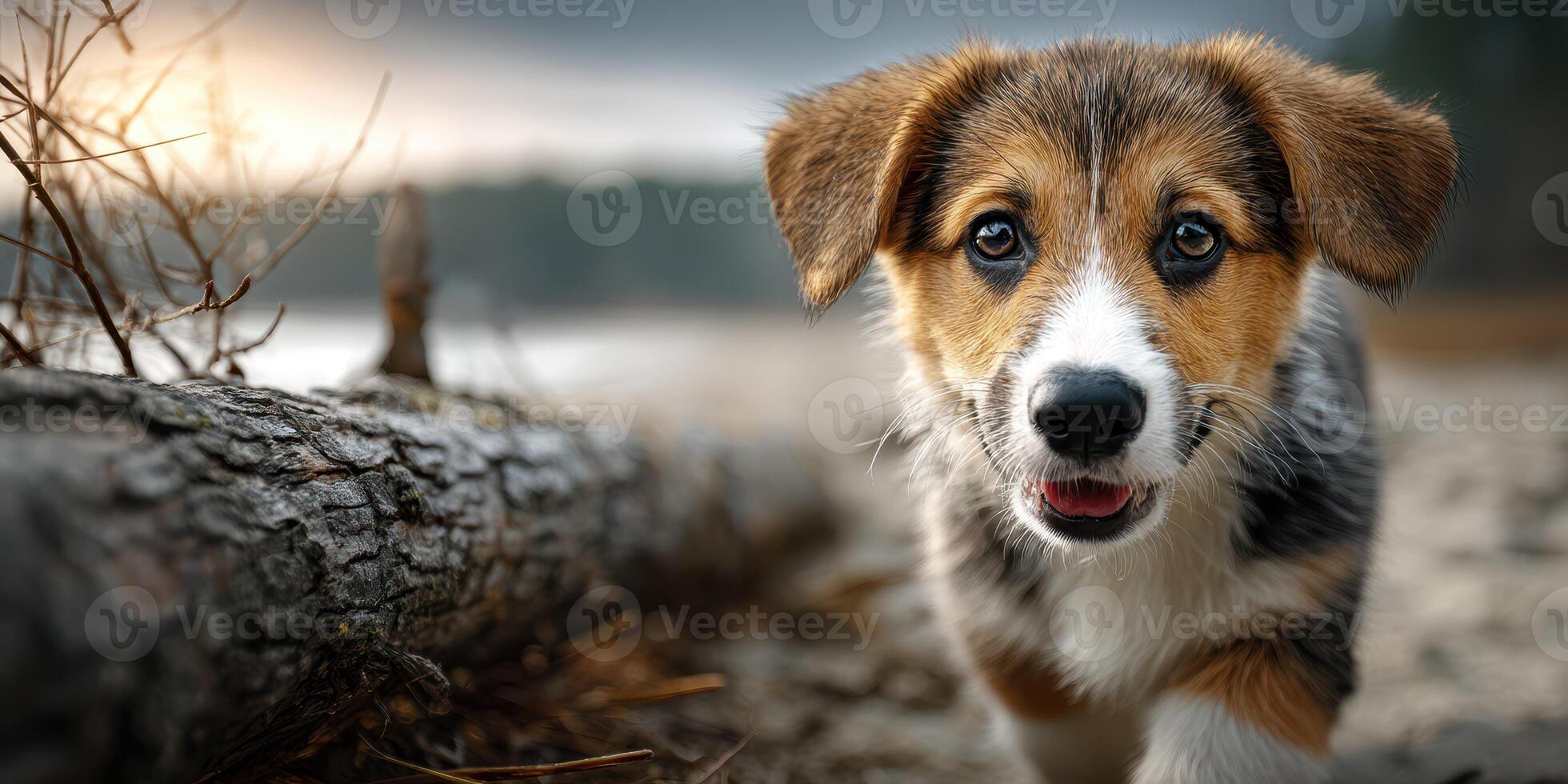 Cuddly puppy exploring a sandy shore at sunset near a calm body of water photo