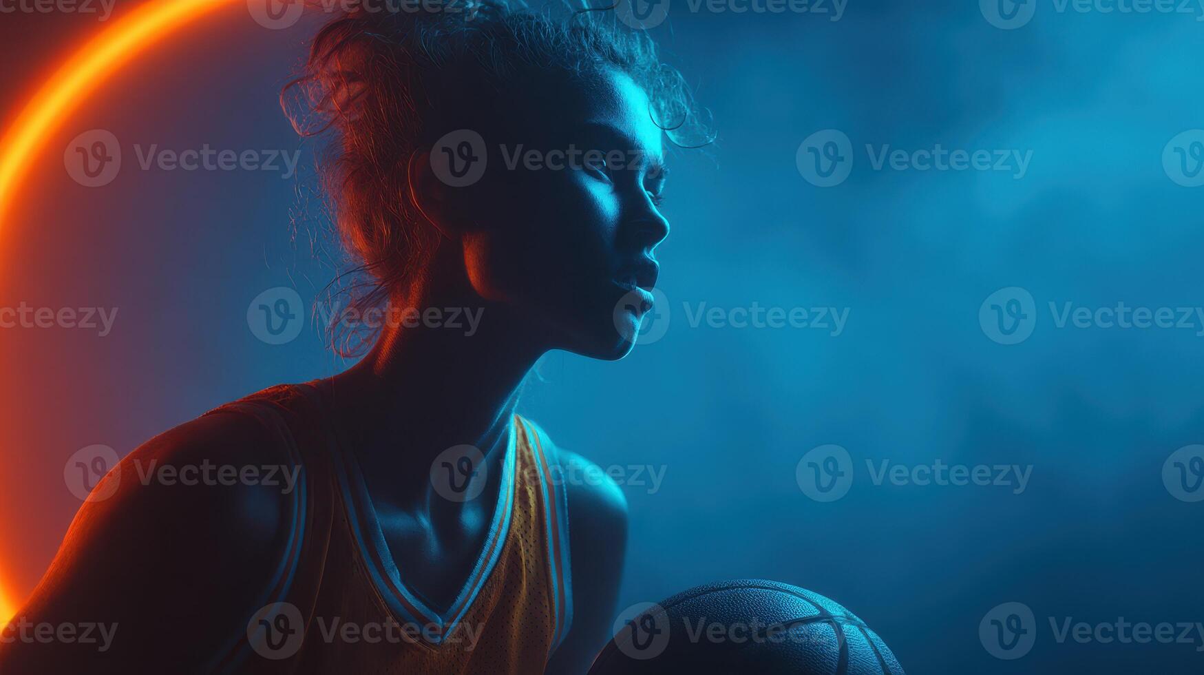 Dynamic basketball player in vibrant lighting showcasing athleticism in a dramatic pose during practice photo