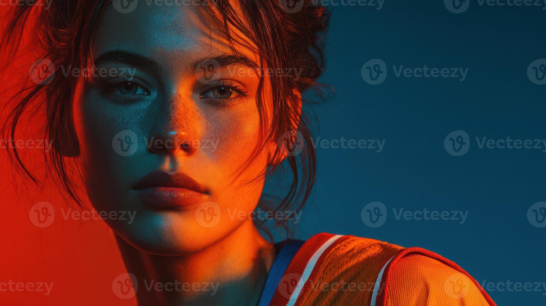 Portrait of a young woman with expressive features under contrasting colored lights in a creative setting photo