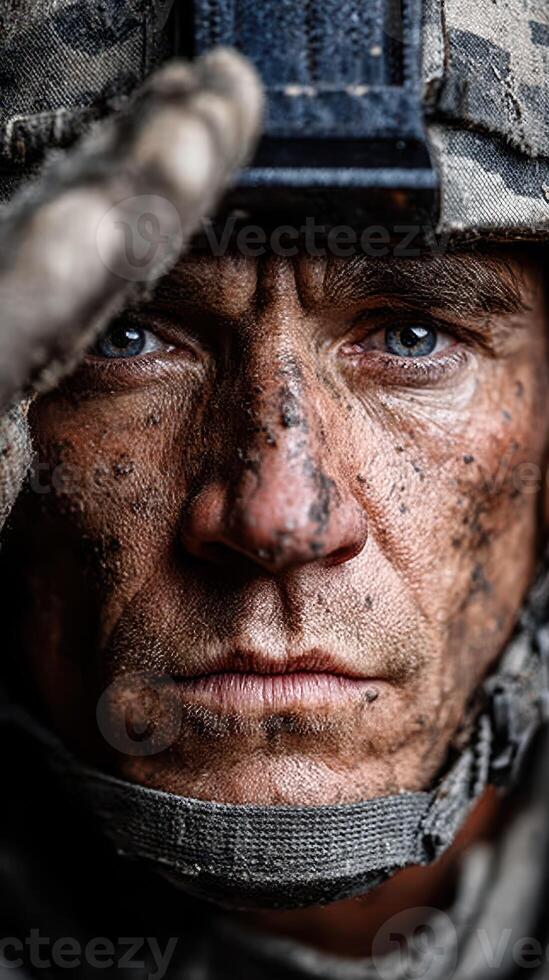 Soldier in combat gear shows determination and resilience, captured during a military training exercise in a rugged environment photo