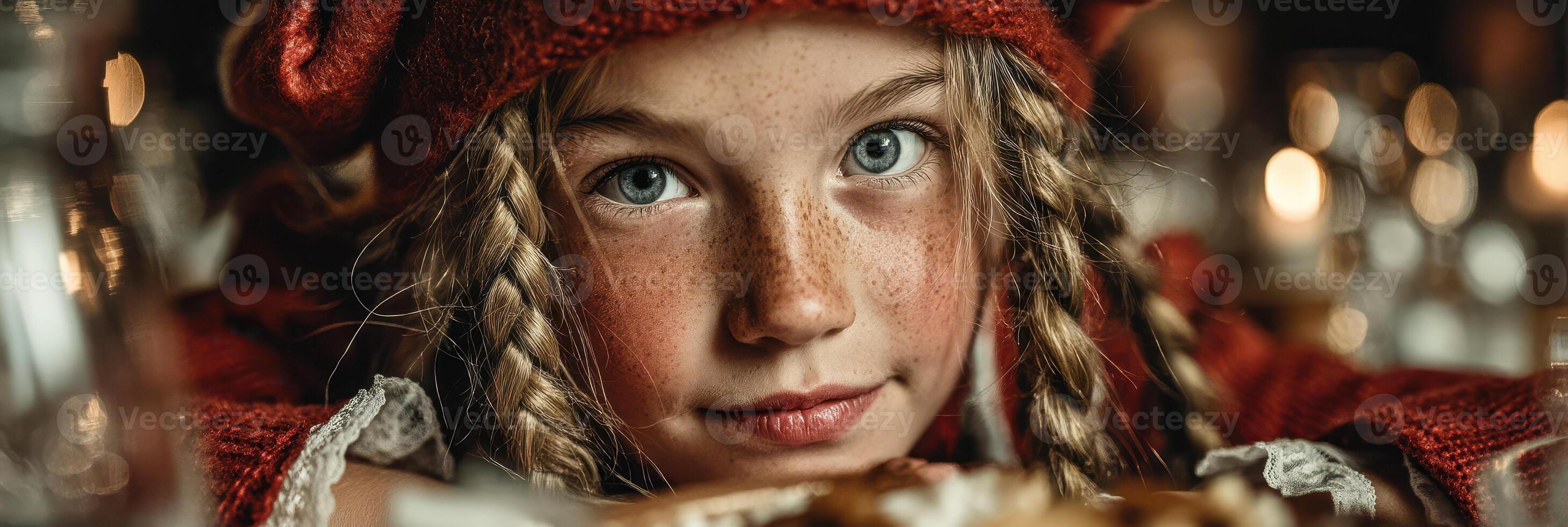 Young girl in festive attire enjoying a cozy gathering during winter evenings with warm lights and delicious treats photo