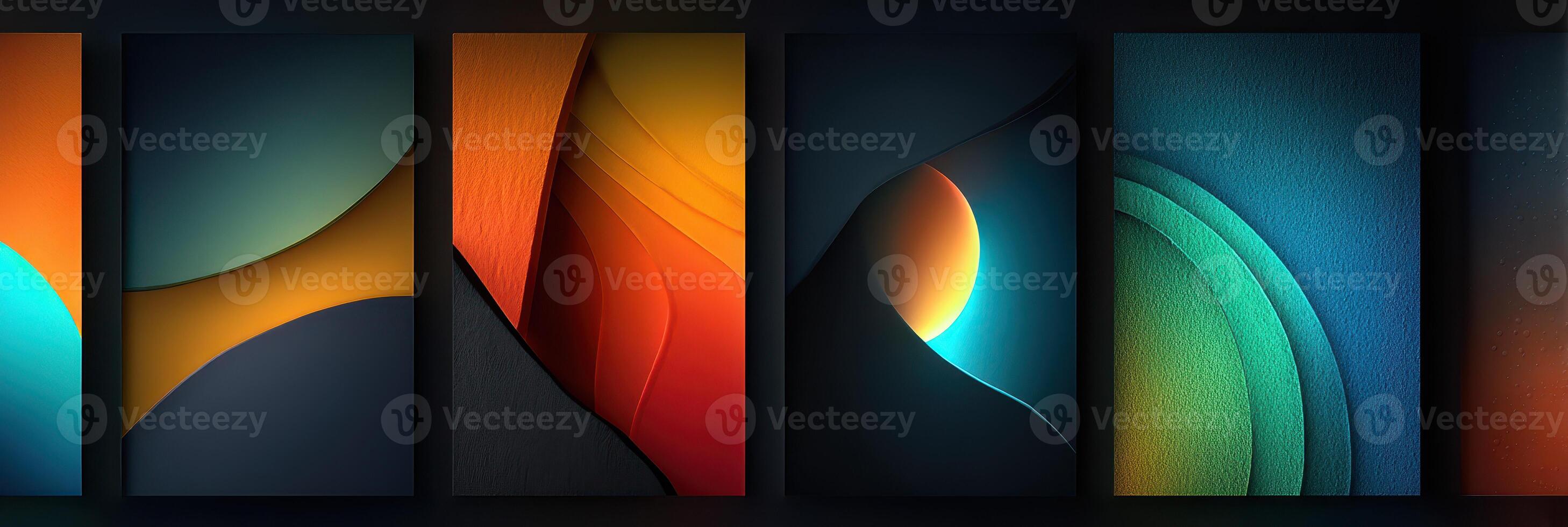 Collection of abstract wall art featuring vibrant colors and geometric patterns in a modern display photo