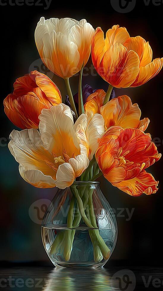 Brightly colored tulips arranged in a glass vase create an elegant floral display indoors photo