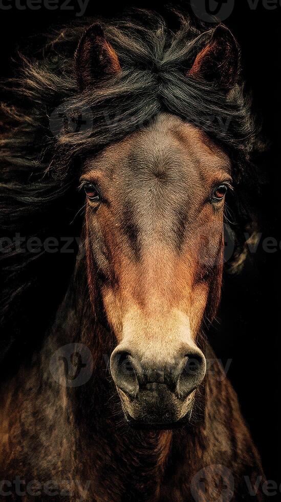 Majestic horse with flowing mane stands against dark backdrop in serene moment of stillness photo