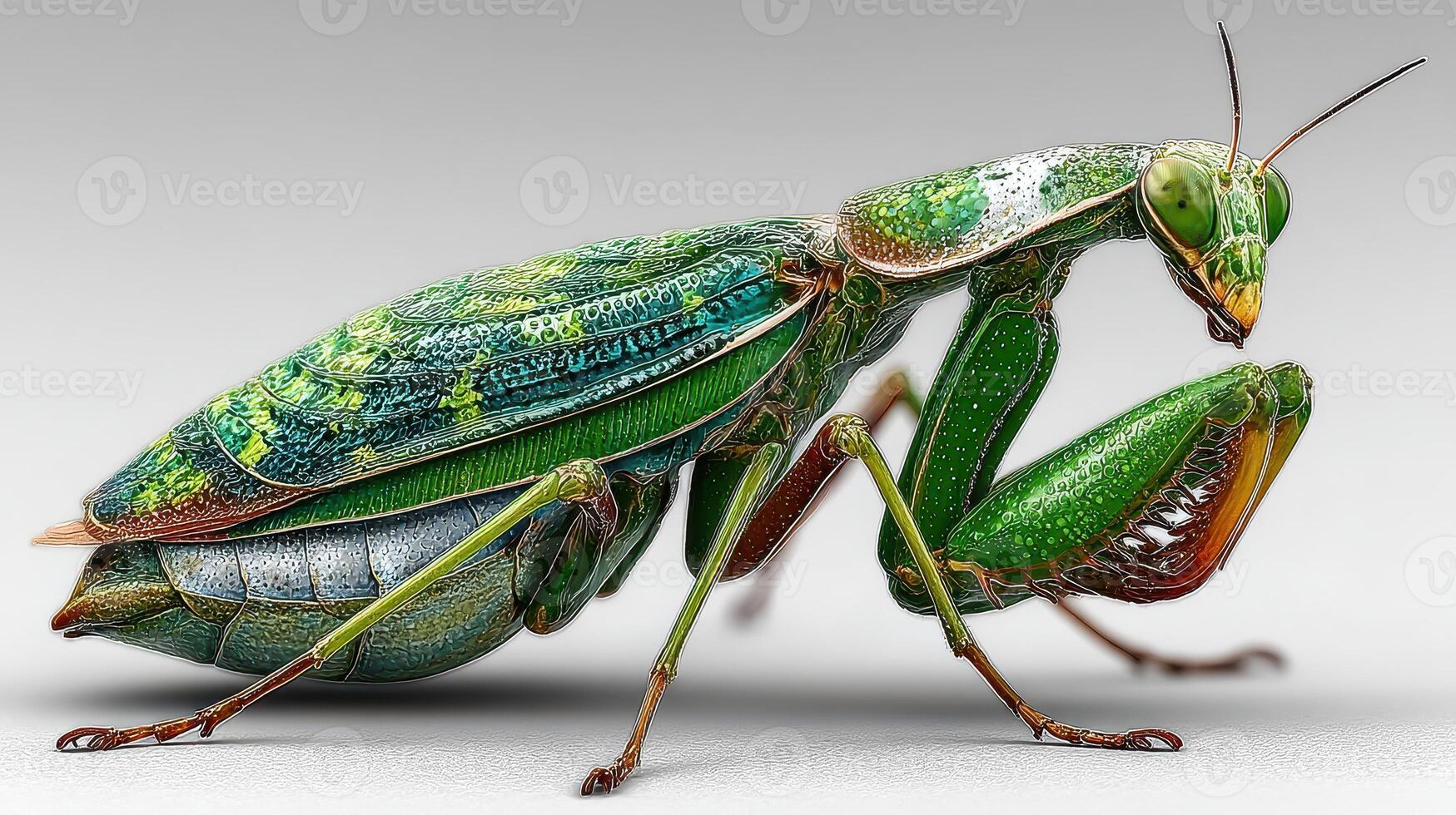 Close-up view of a colorful green praying mantis showcasing intricate details during daylight photo
