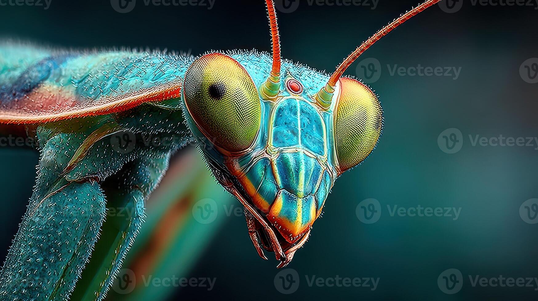 Vibrant close-up of a colorful mantis showcasing intricate details and vivid colors in a natural setting photo