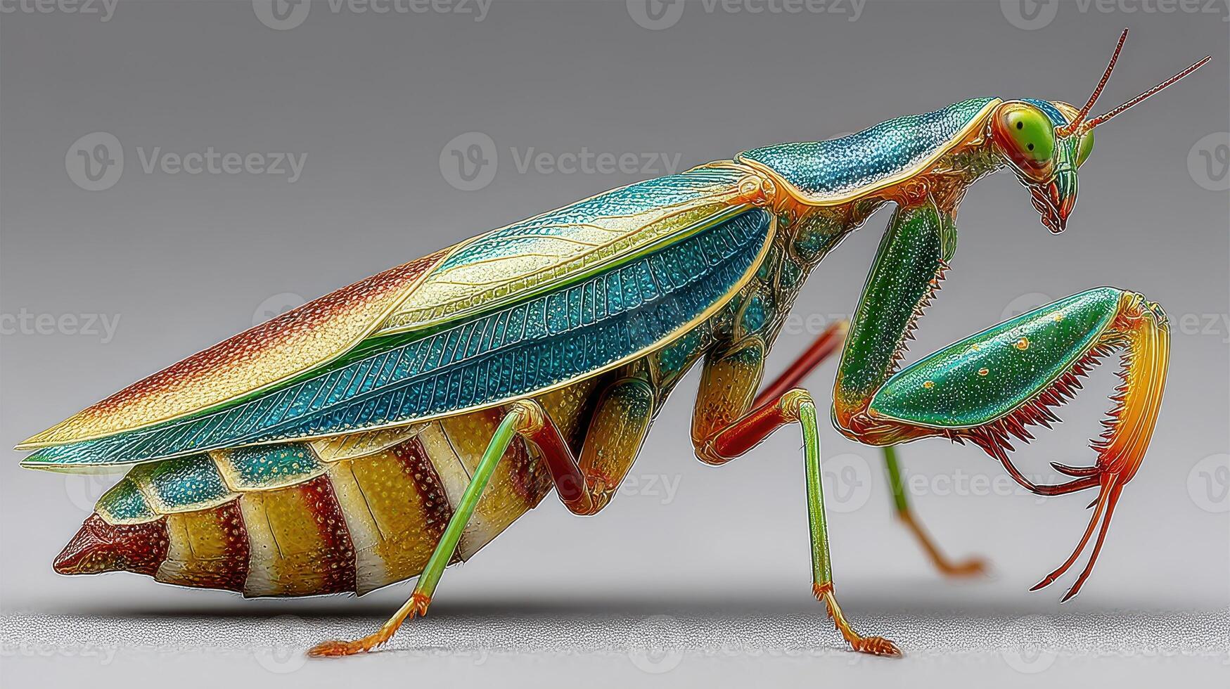 Colorful praying mantis displays intricate patterns and textures in a close-up view under artificial lighting photo