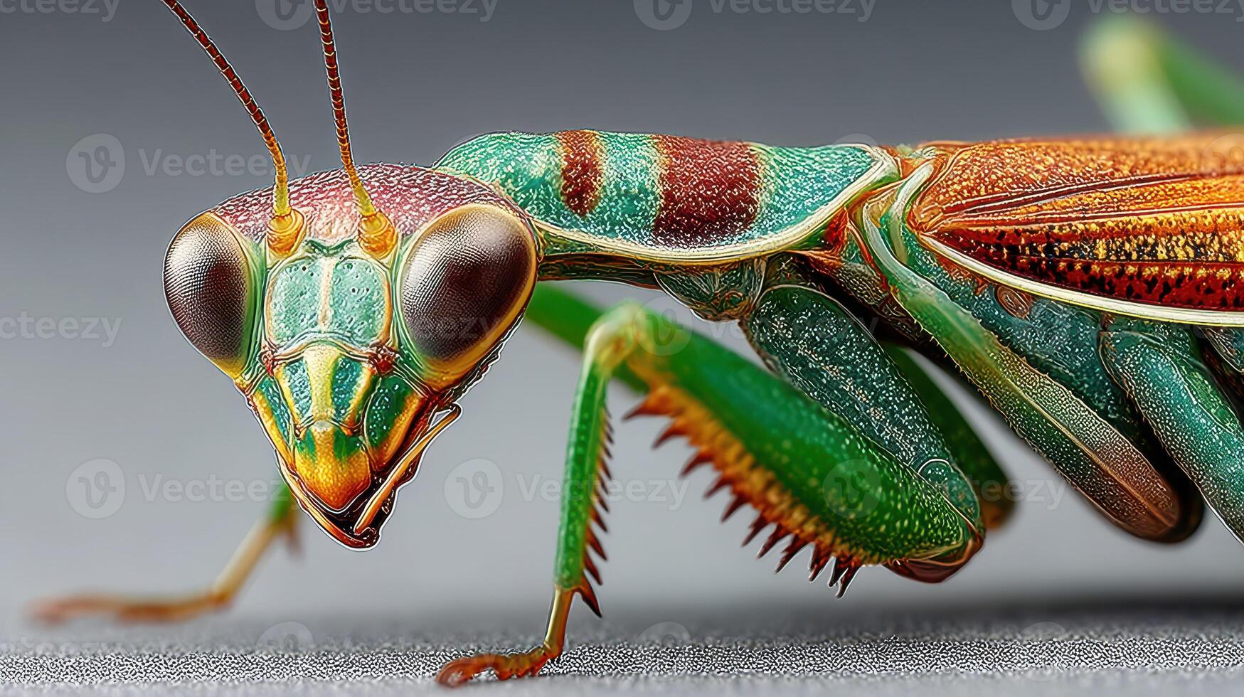 Close-up view of a vibrant green praying mantis with intricate patterns and details in its natural habitat under soft lighting photo