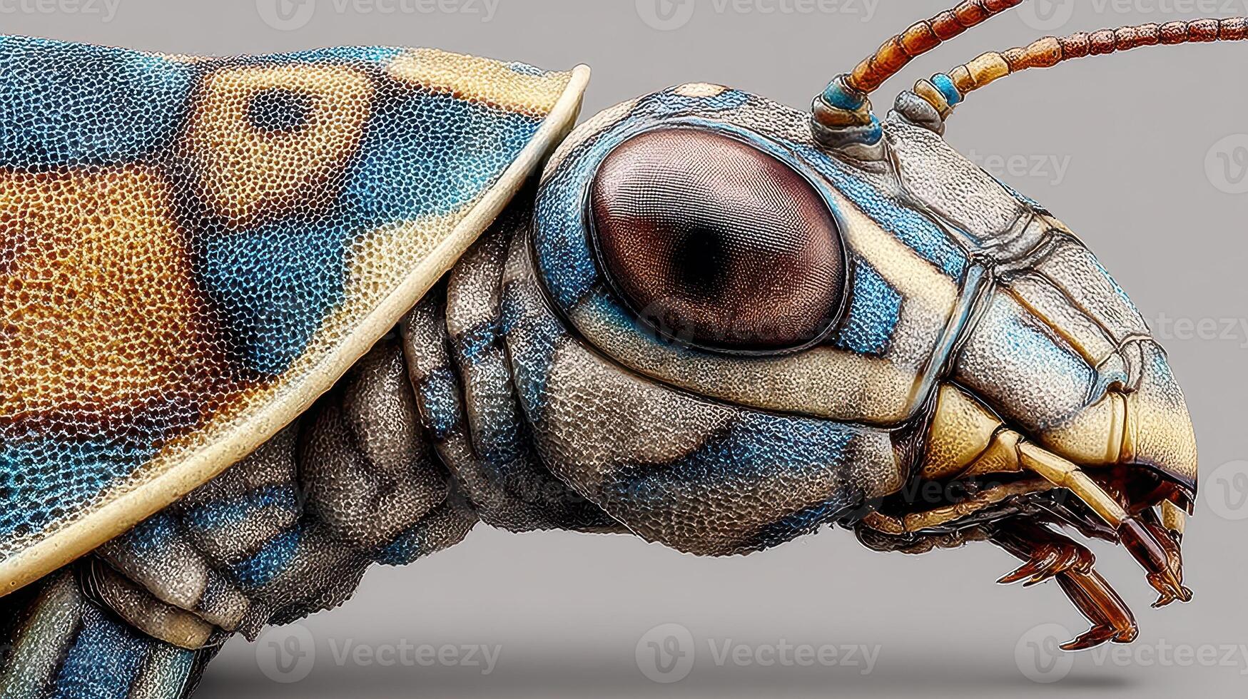 Close-up view of an intricately detailed insect with vibrant colors and textured features showcasing its unique anatomy in a studio setting photo