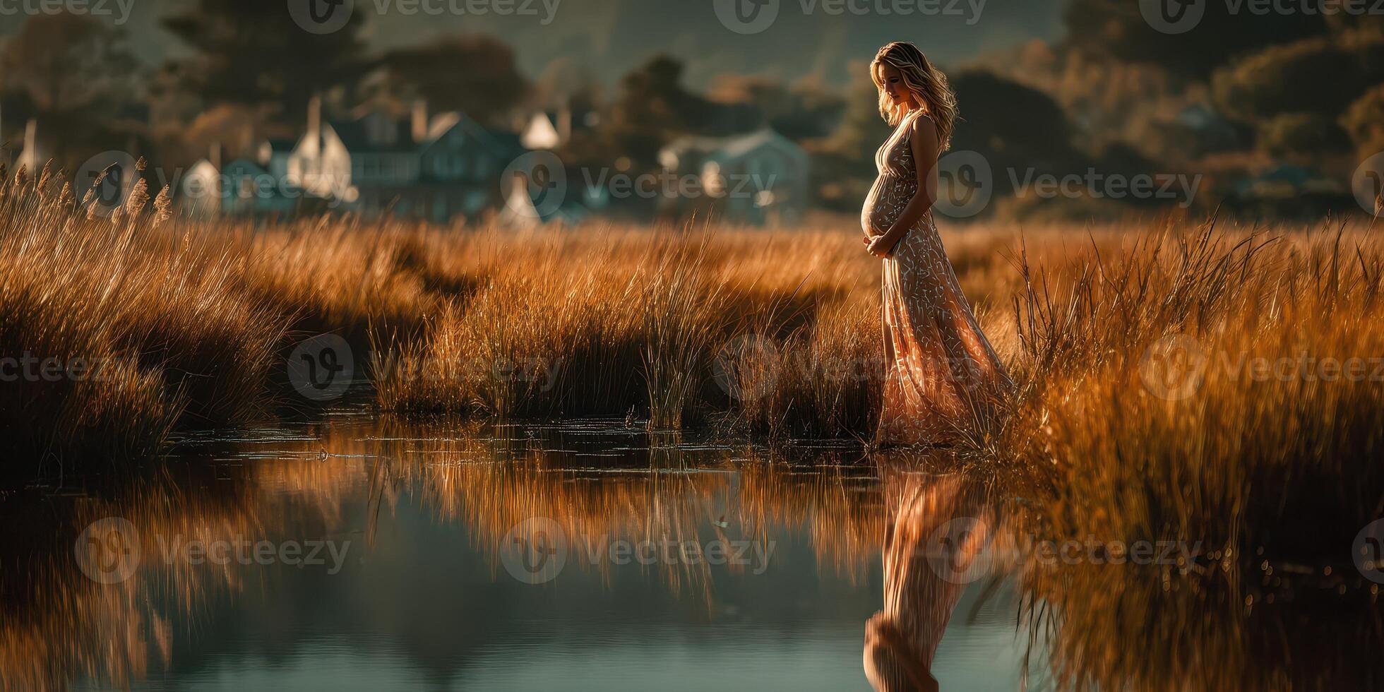 Expecting mother walks gracefully through tall grass near a calm river during golden hour in a serene landscape setting photo