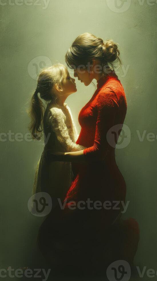 Embrace of love between mother and daughter in soft light capturing a tender moment photo