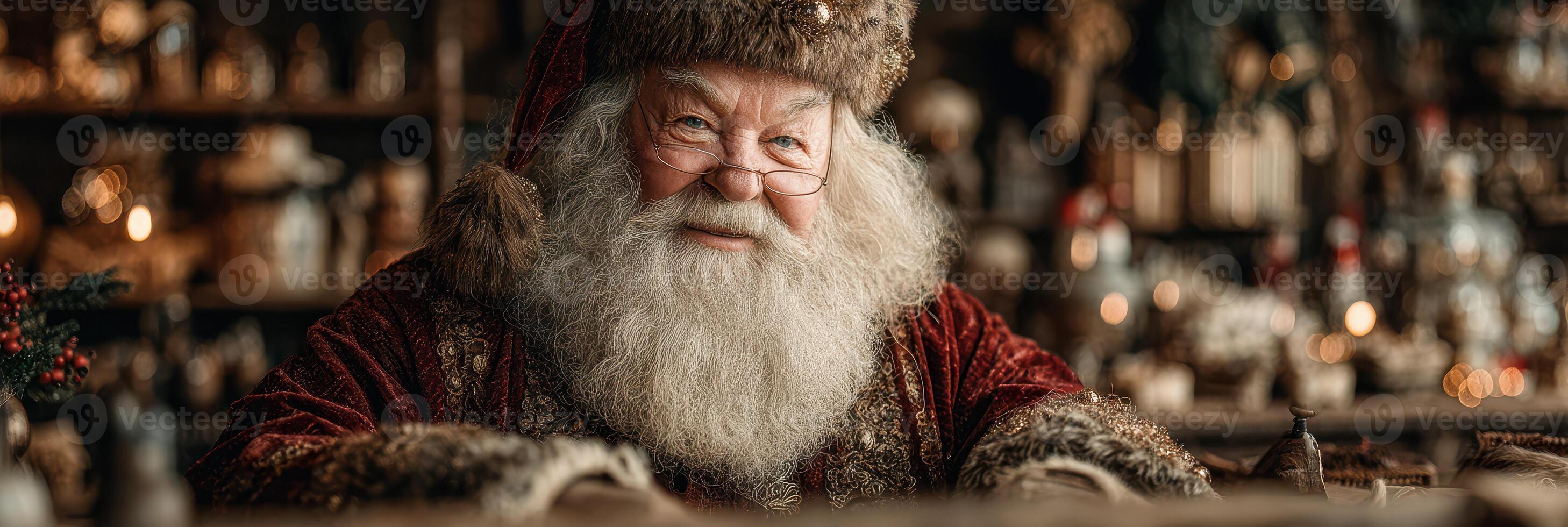 Santa Claus in a cozy workshop surrounded by holiday decorations and gifts during the festive season photo