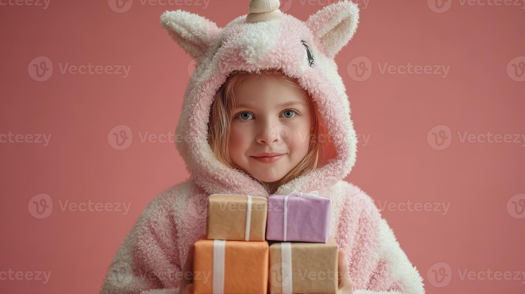 Young girl in unicorn hoodie holds colorful gifts against pink backdrop during a festive celebration photo