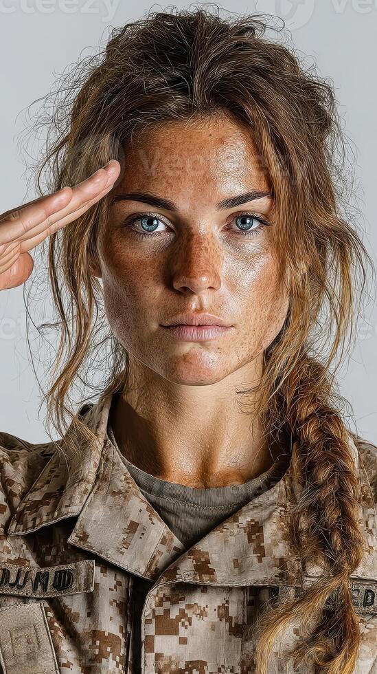 Female soldier saluting with determination in military uniform, showcasing strength and pride in a studio setting photo