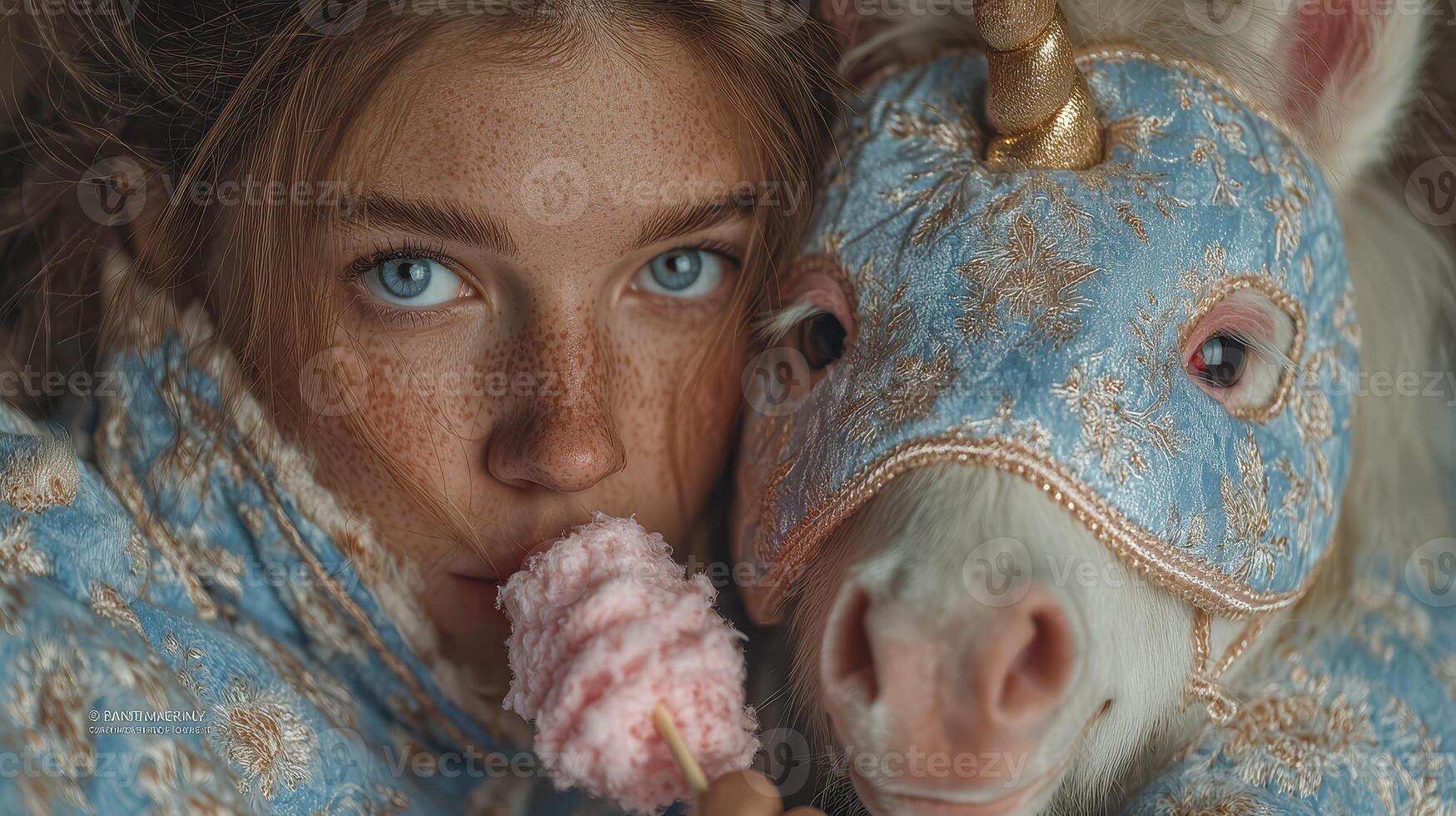 Unique close-up of a girl with unicorn in ornate attire enjoying cotton candy at a festive event photo