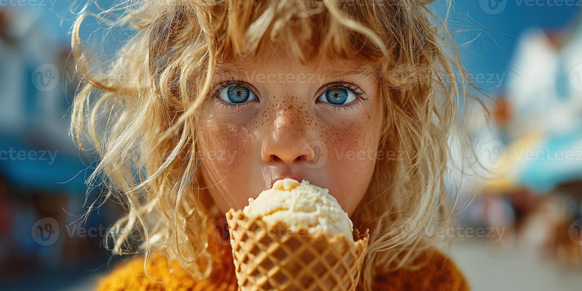 Child enjoying ice cream on a sunny day in a vibrant outdoor setting with clear blue sky photo