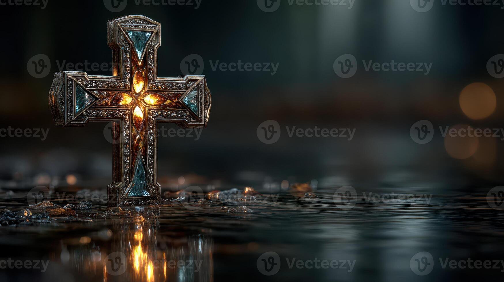 Intricately designed cross rests in still water with soft lights illuminating the surroundings at dusk photo