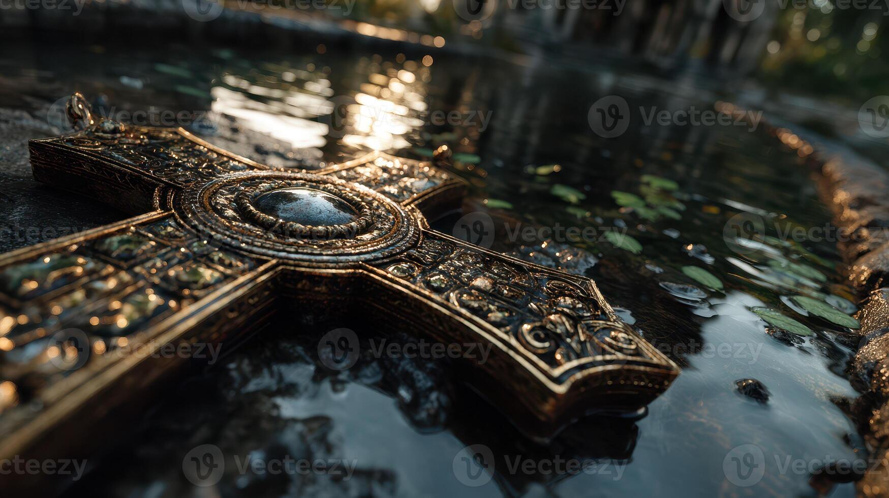 Beautifully detailed ornate cross submerged in tranquil water at a serene outdoor location during golden hour photo