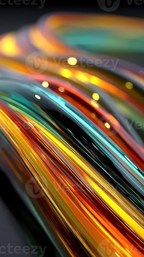 Colorful abstract lines flow gracefully, creating a dynamic display of light and motion in a modern setting photo
