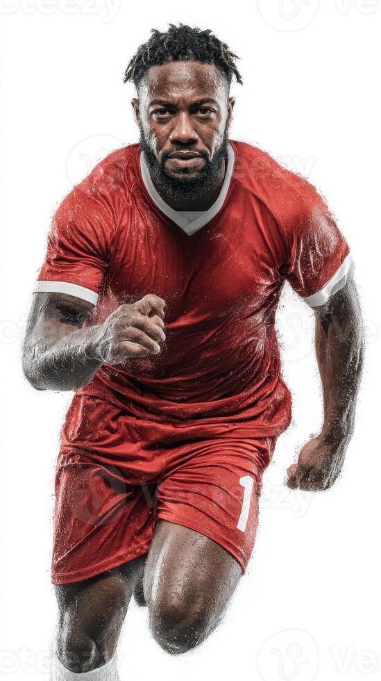 Dynamic athlete in red uniform sprinting with determination during a competitive sports event photo