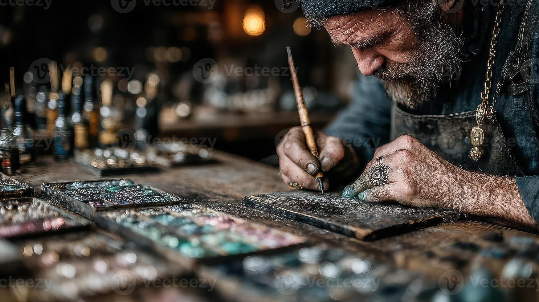 Skilled artisan creating intricate designs in a workshop during the early evening photo
