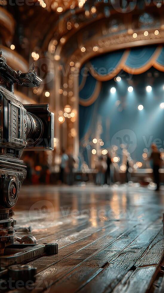 Cinematic camera ready to capture performance in an ornate theater with glowing lights and a lively atmosphere during an evening show photo