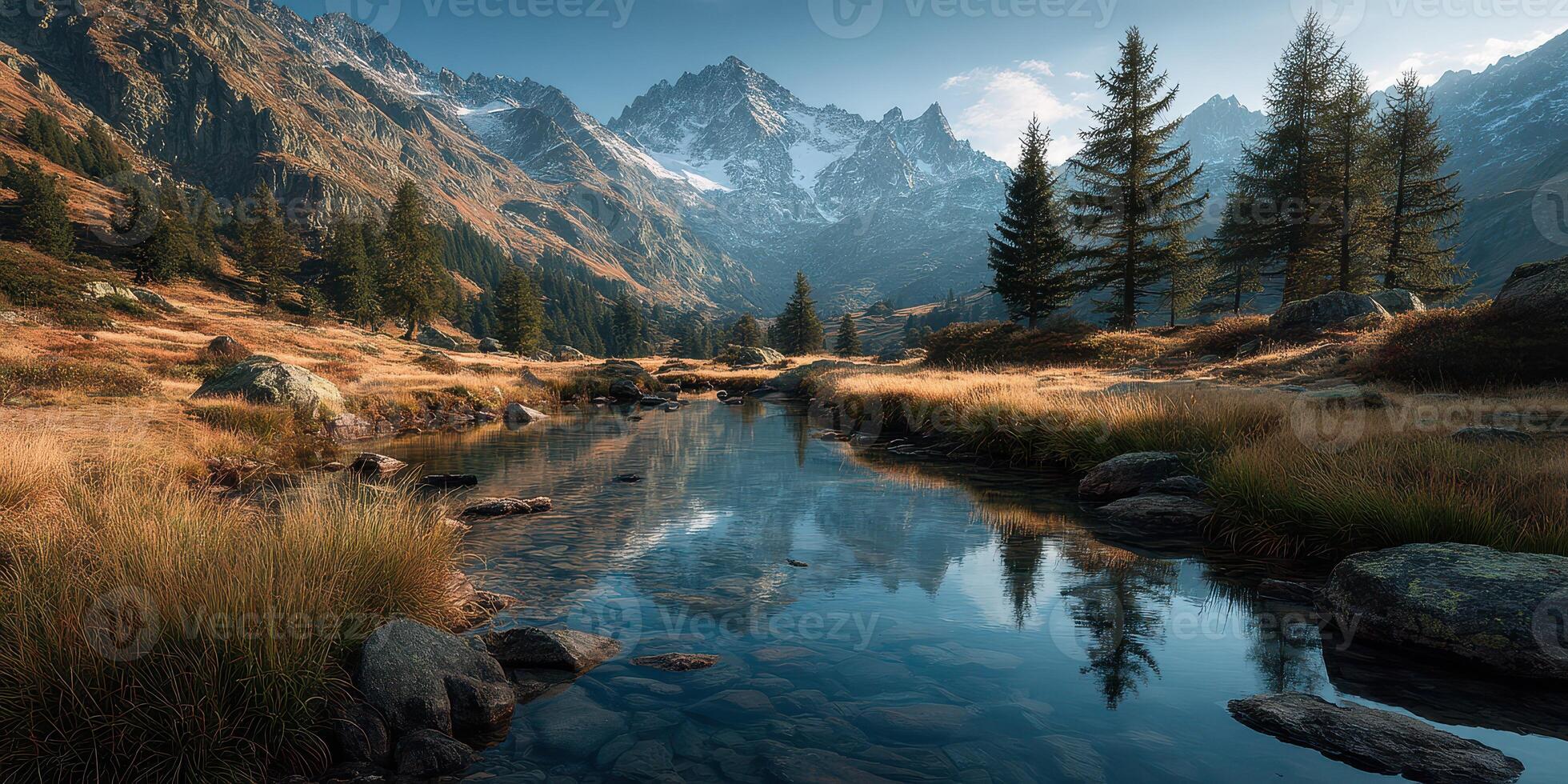Serene river flowing through mountains with reflections of trees and peaks during golden hour photo