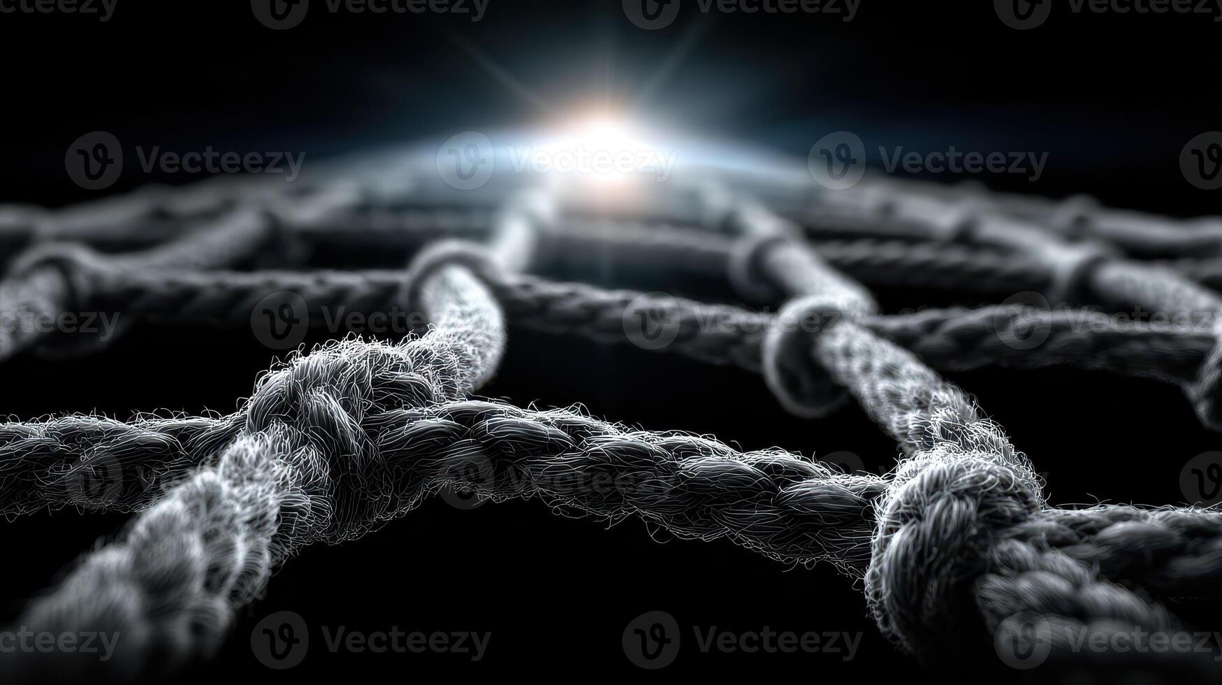 Close-up view of a textured rope network illuminated by distant light against a dark background photo