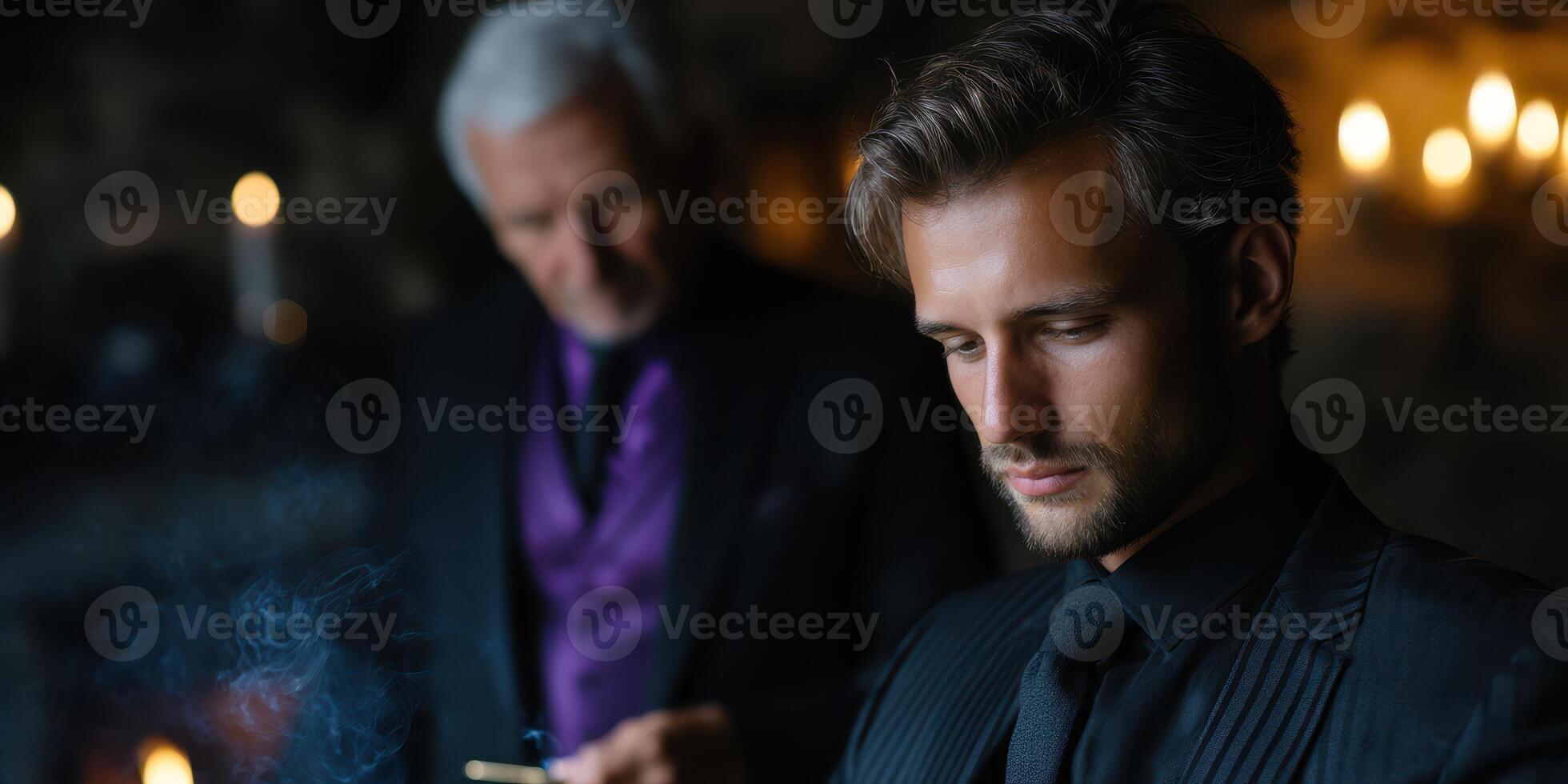 Men in formal attire engage in a serious discussion in an atmospheric setting with dim lighting and smoke in the background photo