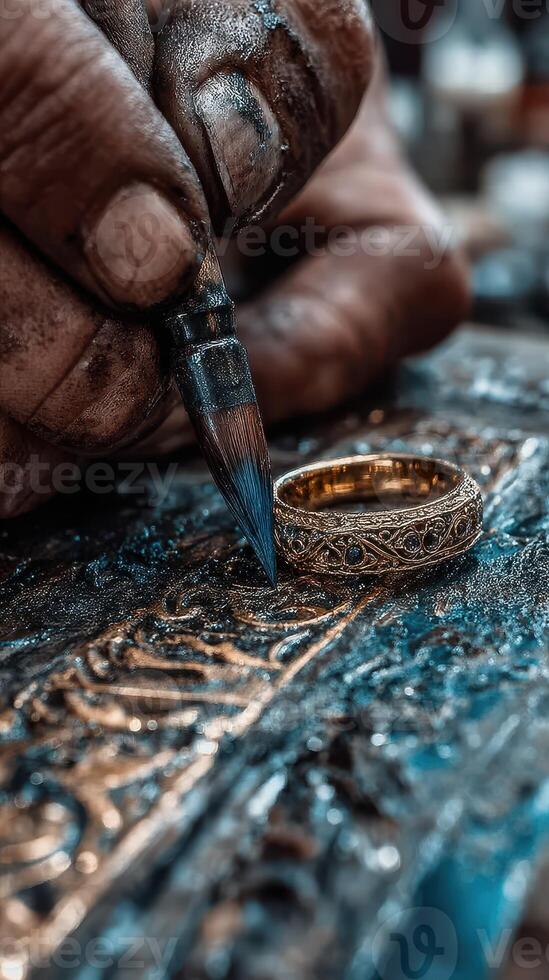 Craftsmanship in action as a skilled artisan intricately paints details on an ornate gold ring in a bustling workshop photo