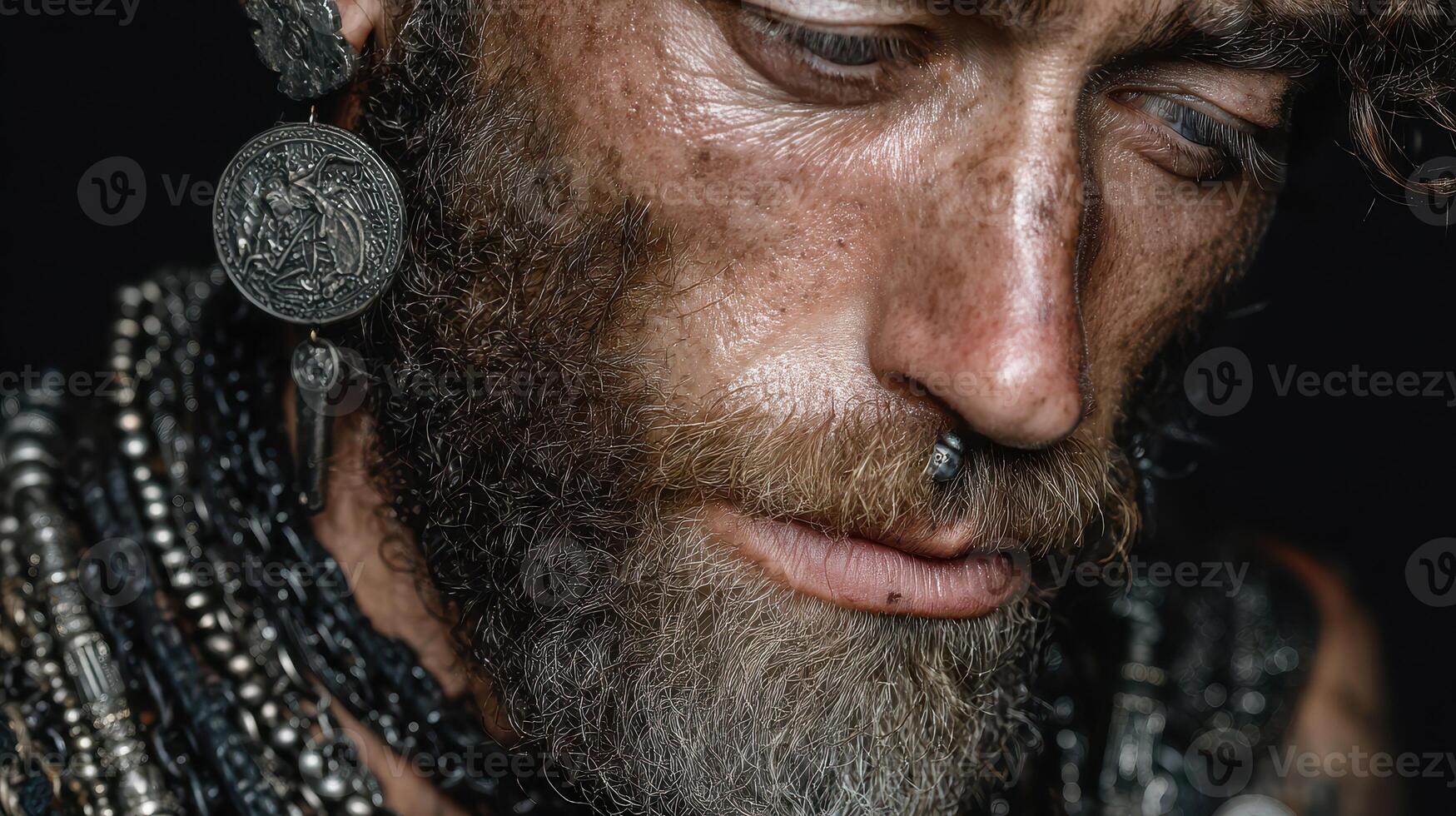Close-up of a man adorned with jewelry and intricate details in a somber expression while in a dimly lit space photo
